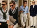 Hombres con estilo old money: camisas, jerséis de rombos, trajes y gafas de sol, proyectando elegancia y sofisticación.