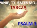 Otwarta dłoń w stronę nieba, gdzie słońce przebija się przez chmury. Napis: "PANIE, TY JESTEŚ MOJĄ TARczą" i "PSALM 3". To fragment pieśni Dawida.
