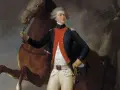 Portrait de **la Fayette** en uniforme militaire, tenant les rênes d'un cheval brun. Il porte une veste bleue avec un gilet rouge et un pantalon blanc.