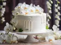 Elegancki tort komunijny boho ozdobiony białymi orchideami i kremowym lukrem z efektem spływania.
