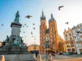 A monument and St. Mary's Basilica dominate this Krakow travel scene. Birds fly around the historic architecture under a clear sky.
