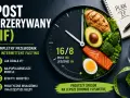 Talerz w kształcie zegara z jedzeniem symbolizuje dietę imitującą post (IF) 16/8. Obok notatnik z napisem "PLAN IF".