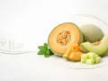 Melon właściwości: soczysty melon kantalupa, pokrojony w plastry i kostki, z listkami mięty. Obok cały melon i plaster zielonego melona.