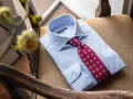 Camicia bianca a righe azzurre con cravatta bordeaux a fantasia floreale, pronta per un abito blu.