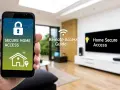 A hand holds a smartphone displaying "Secure Home Access," illustrating how IoT devices are remotely controllable for a safe and connected living space.