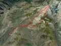 La ruta Morezón se muestra en rojo sobre un paisaje montañoso, comenzando en "Inicio" y ascendiendo hacia el Refugio y la Laguna Grande.