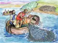 Johannes 21: Fischer mit Jesus im Boot ziehen ein riesiges Netz voller Fische aus dem Wasser. Am Ufer wartet eine Menschenmenge.