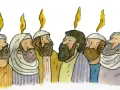 Aquarellzeichnung von Männern mit Bärten und Flammen über ihren Köpfen, die an Pfingsten in der Bibel erinnert.