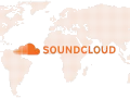 Weltkarte aus orangefarbenen Punkten mit dem SoundCloud-Logo und dem Schriftzug. Die globale Reichweite von SoundCloud-Statistiken wird hervorgehoben.