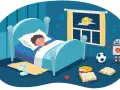 A boy sleeps peacefully in bed, dreaming of a robot, soccer ball, and books. A sweet prayer for tonight.