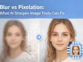 Jämförelse av suddig och pixlad bild av en kvinna, där AI-verktyg förbättrar pixlar till en skarpare bild.
