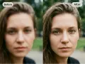 Comparaison avant/après : une photo floue d'une femme devient nette, révélant ses yeux verts et la texture de sa peau.