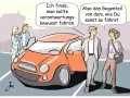 Zwei Paare stehen neben einem orangefarbenen Auto. Einer sagt: "Ich finde, man sollte verantwortungsbewusst fahren." Der andere erwidert: "Also das Gegenteil von dem, wie Du sonst so fährst." Hier kann man den Massepunkt Auto finden.