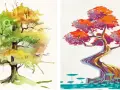 Deux arbres stylisés peints à l'acrylique matière. L'un est vert et jaune, l'autre rouge et violet, sur un fond blanc.