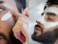 Hombre aplicándose mascarillas de arcilla para la cara. Una imagen muestra la aplicación, la otra la mascarilla puesta.