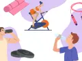 Fitness-Szene mit Radfahrer, Springseil, Gewichten und Männern, die trinken. Ein Proteinshake vor oder nach dem Training ist ideal.