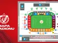 Mapa stadionu Widzew Łódź. Widok z lotu ptaka na boisko, trybuny z sektorami A, B, C, D, punkty informacyjne, kasy, depozyt i parkingi.