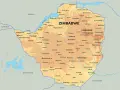 Mapa Zimbabwe z zaznaczonymi miastami, rzekami i jeziorami. Język polski.