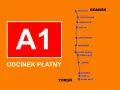 Mapa płatnego odcinka autostrady A1 Toruń - Gdańsk z zaznaczonymi miejscowościami.