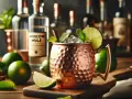 Orzeźwiający Moscow Mule w miedzianym kubku, z limonką i miętą. Obok butelka z etykietą "Moscow Mule" i świeże limonki.