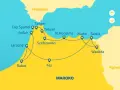 Mapa podróży po Maroku z Hiszpanii. Trasa obejmuje Tanger, Szafszawan, Fez, Rabat i inne miasta.