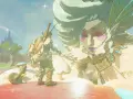 Link interactúa con una gigante en Hyrules, un momento épico de Tears of the Kingdom.