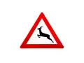 Warnschild: Achtung, Wildwechsel! Ein springendes Reh im roten Dreieck weist auf die Gefahr hin, dass Tiere die Straße überqueren könnten.