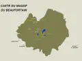 Carte du massif du Beaufortain, montrant les lacs de Roselend et Saint-Guérin, ainsi que des lieux comme Beaufort, Arêches et Albertville.
