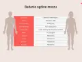 Tabela z parametrami badania moczu: barwa, przejrzystość, ciężar właściwy, odczyn, białko, glukoza, ketony, azotyny, bakterie. Obok wartości referencyjne.