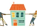 Un homme et une femme tirent une maison en sens opposés, symbolisant la désolidarisation d'un prêt immobilier.