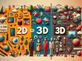 Kolorowe ikony ilustrujące świat 2D i 3D, od płaskich kształtów po bryły.