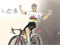Tadej Pogačar celebrates a victory at the Tour de France, with sketches of iconic landmarks in the background.
