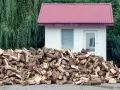 Duża sterta drewna opałowego przed białym budynkiem, z gęstym lasem w tle. Odległość budynku od lasu jest niewielka.