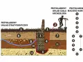 Schemat stanowiska archeologicznego geoportal: przekrój ziemi z warstwami, archeolog i macierz Harissa.