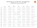 Planning de travail équestre pour 12 semaines, détaillant les activités quotidiennes comme le trot, le galop, le stretching et le dressage.