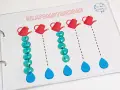 Actividad de grafomotricidad divertida: regaderas rojas vierten gotas de agua con caritas sonrientes. ¡Aprender a trazar líneas es un juego!