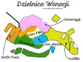 Mapa Wenecji z zaznaczonymi dzielnicami: Cannaregio, Castello, Dorsoduro, San Marco, San Polo, Santa Croce. Idealna do planowania 4-dniowej wycieczki do Wenecji.