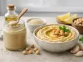 Pyszny hummus z ciecierzycy, oliwy i czosnku. W słoiku kremowe tahini, kluczowy składnik tej pasty.