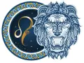 Lew i Rak: dopasowanie znaków zodiaku. Stylizowany lew obok symbolu Lwa.