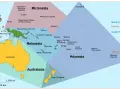 Mapa regionu Oceania z podziałem na Melanezję, Mikronezję, Polinezję i Australazję. Widoczne Australia, Nowa Zelandia i liczne wyspy.