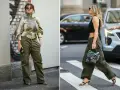 Dwie kobiety w spodniach cargo w kolorze khaki. Jedna w bluzce z wzorem, druga w krótkim czarnym topie.