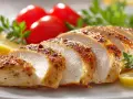 Soczyste **piersi z kurczaka air fryer**, pokrojone w plastry, podane z cytryną, pomidorkami i ziołami.