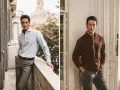 Modello con fisico a triangolo invertito indossa camicia a righe e polo marrone, pantaloni eleganti.