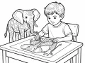 Un garçon apprend comment colorier un éléphant et une girafe sur une feuille.