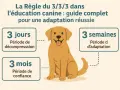 Un gros chien doré, souriant, est au centre d'une illustration expliquant la règle du 3/3/3 pour l'éducation canine : 3 jours de décompression, 3 semaines d'adaptation, 3 mois de confiance.
