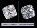 Two cushion-cut diamonds are shown side-by-side. The left is labeled "Simulant Diamond," the right "Lab Grown Diamond.