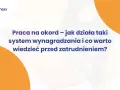 Praca na akord – jak działa taki system wynagradzania? Grafika przedstawia terminal płatniczy i tekst o systemach wynagradzania.