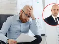 Zmartwiony mężczyzna analizuje dokumenty, podczas gdy w tle widać portret biznesmena. Obraz symbolizuje analizę przyczyn bezrobocia w Polsce.