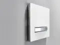 Plaque de déclenchement blanche avec double poussoir chromé pour une chasse d'eau à double débit, optimisant la consommation d'eau.
