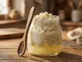 Grains de kéfir dans un bocal en verre, prêts à être utilisés pour préparer des aliments fermentés. Une cuillère en bois repose à côté.